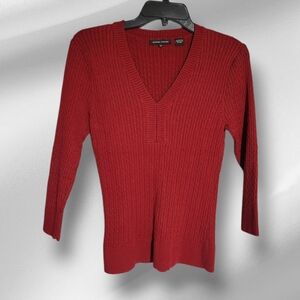 JEANNE PIERRE Red V-Neck Ribbed Sweater